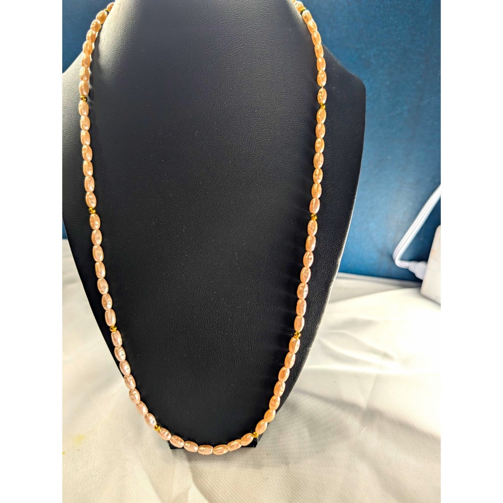 Vintage Genuine Fresh Water Rice Pearl Necklace Gold Tone Spacer Beads Clasp